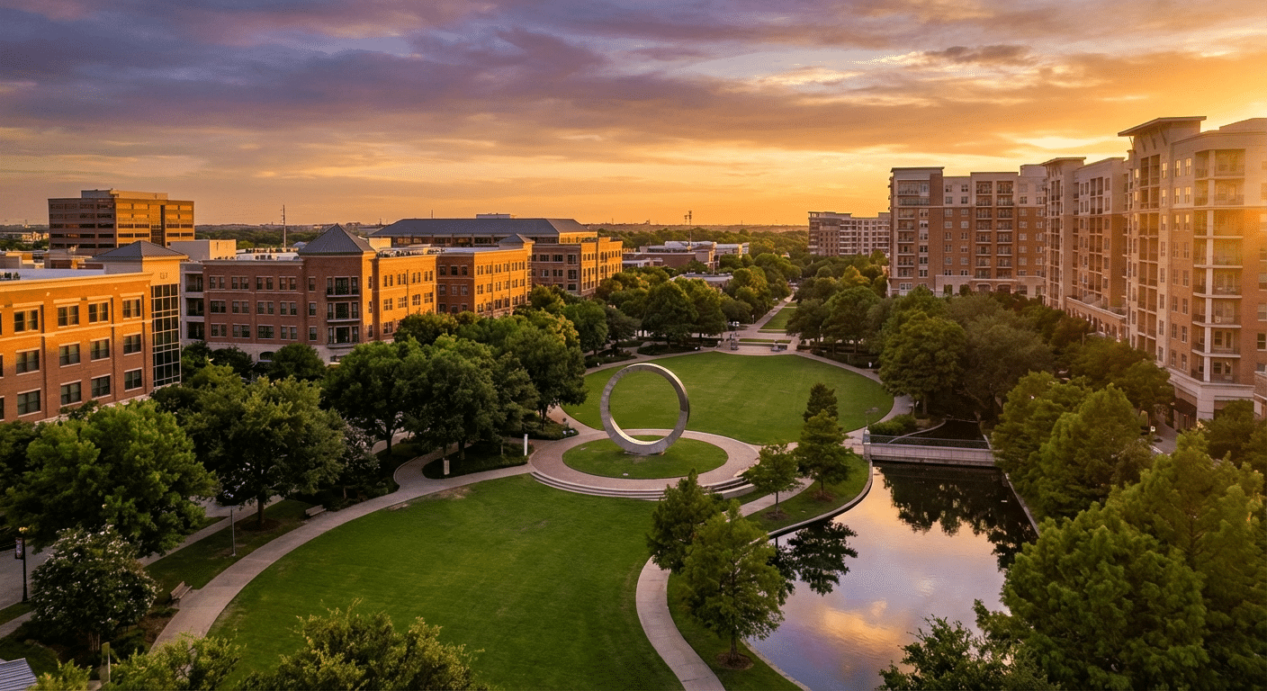 Scenic view of Addison Circle Park in Addison, Texas at golden hour.