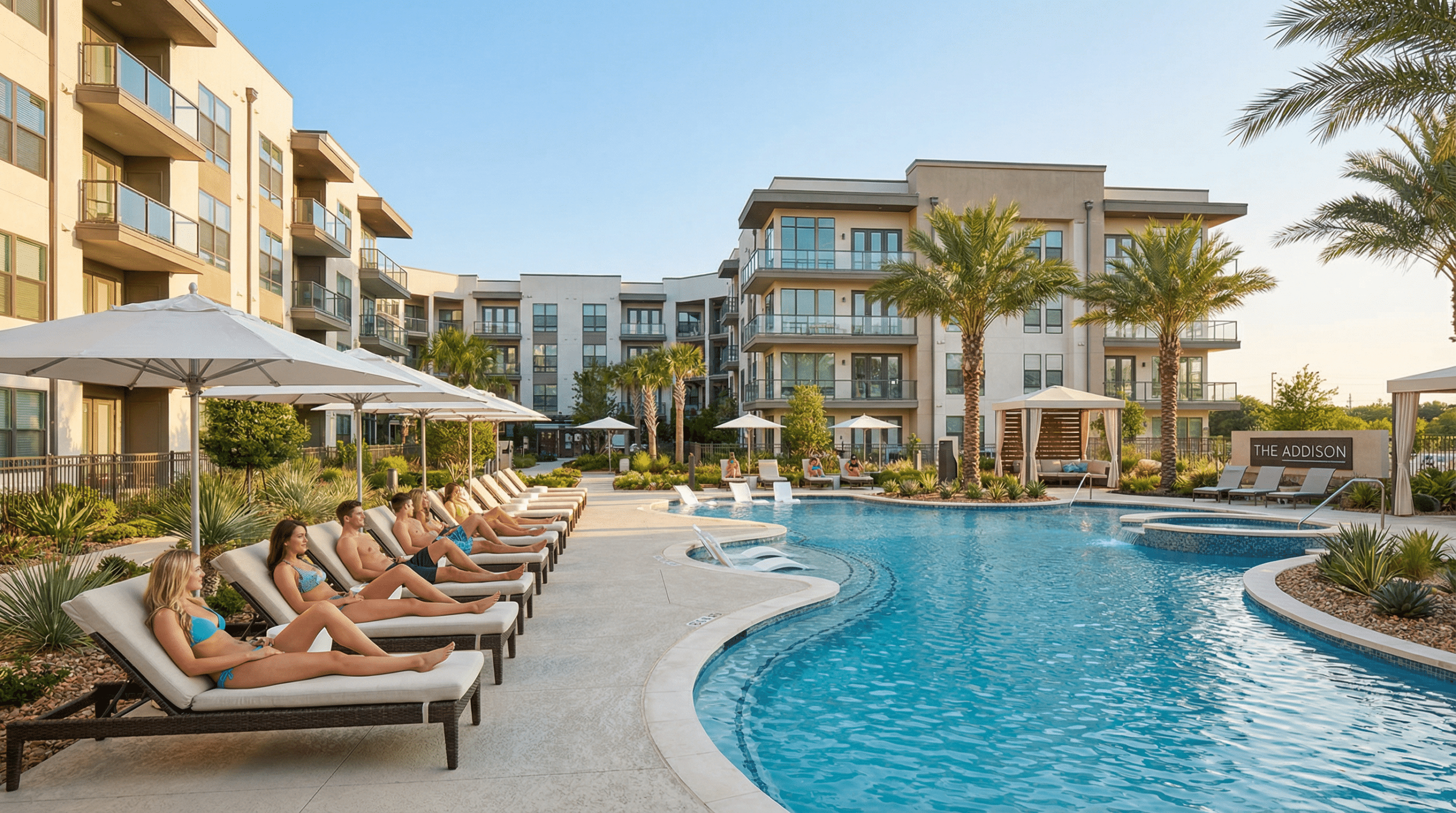 Luxury pool area at modern apartments