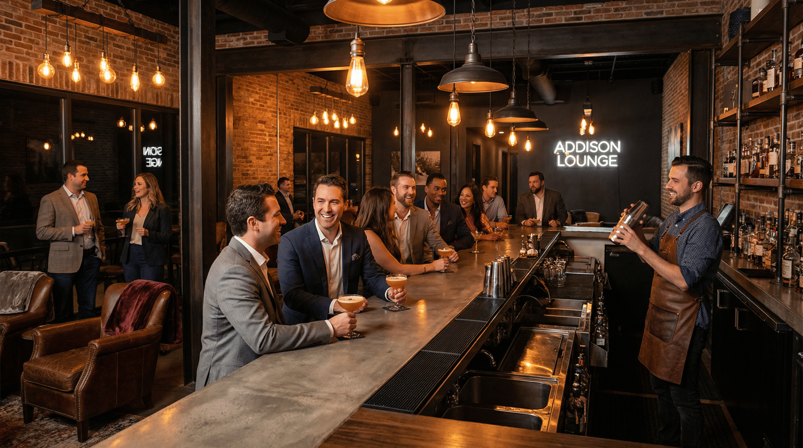 People enjoying cocktails in a stylish lounge.