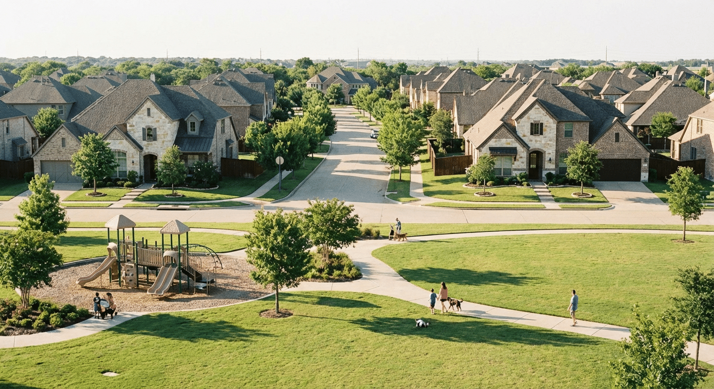 Beautiful photograph of a modern suburban neighborhood with family homes and parks in Allen, Texas.
