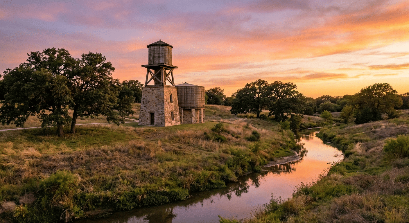 Scenic view of the historic Allen Water Station in Allen, Texas at golden hour.