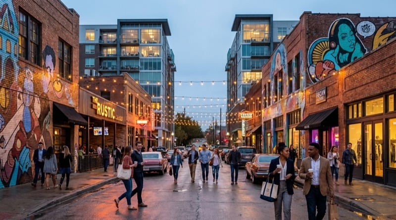 Vibrant street scene in Dallas neighborhoods like Uptown and Deep Ellum