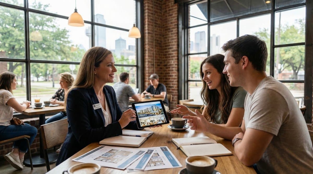 Real estate agent meeting clients in cafe