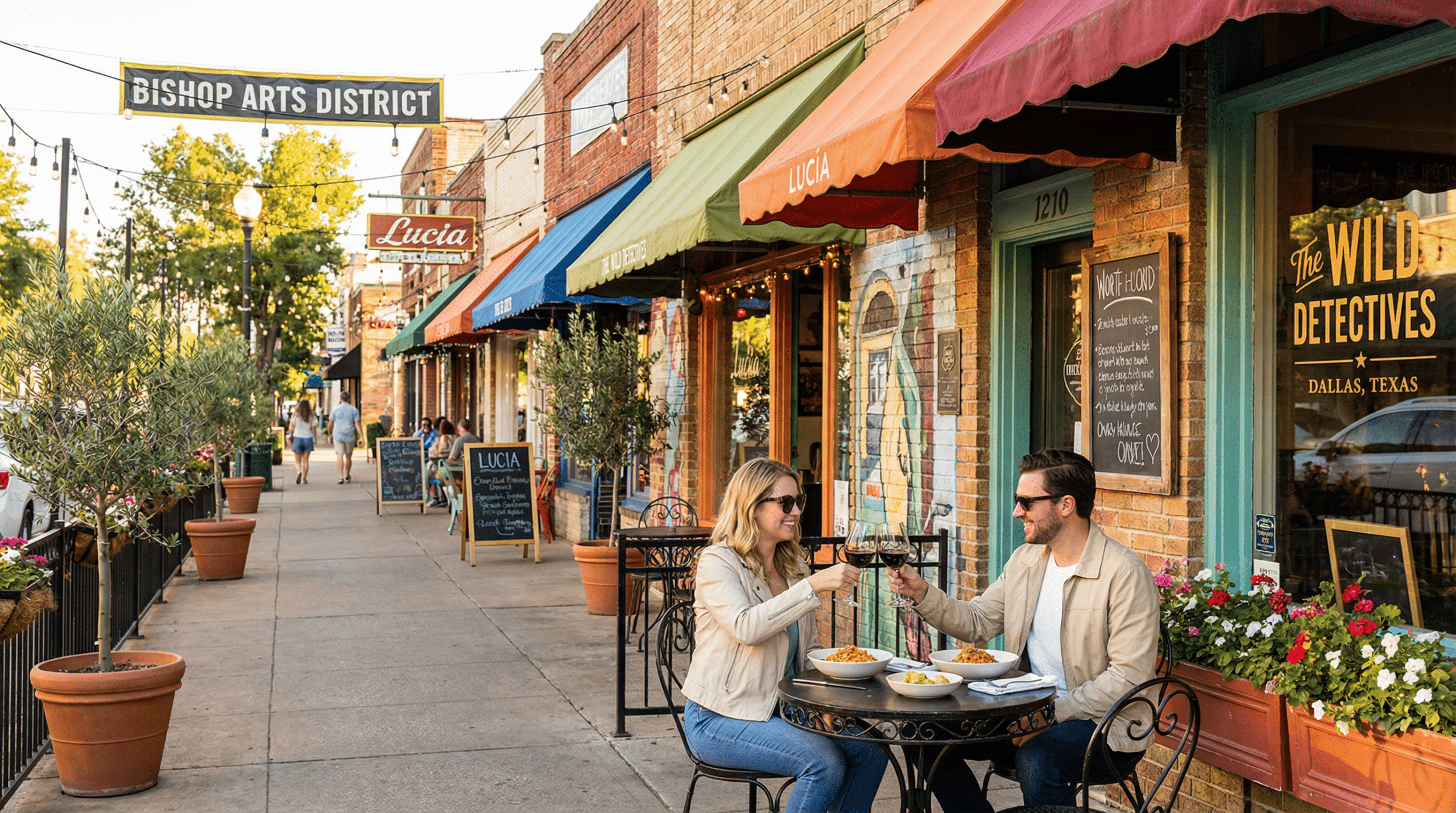 Couple dining outdoors in Bishop Arts District