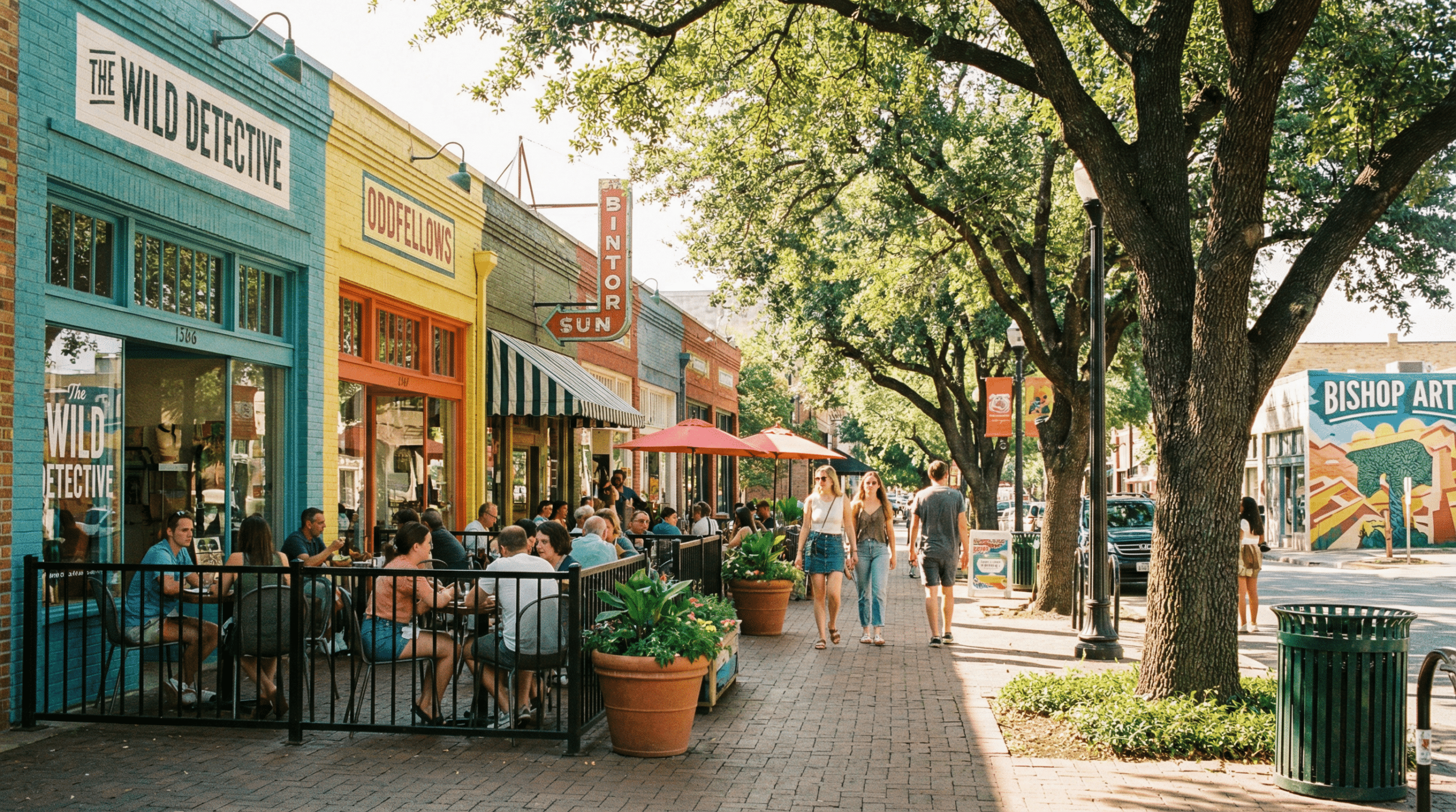 Busy outdoor cafe on sunny street