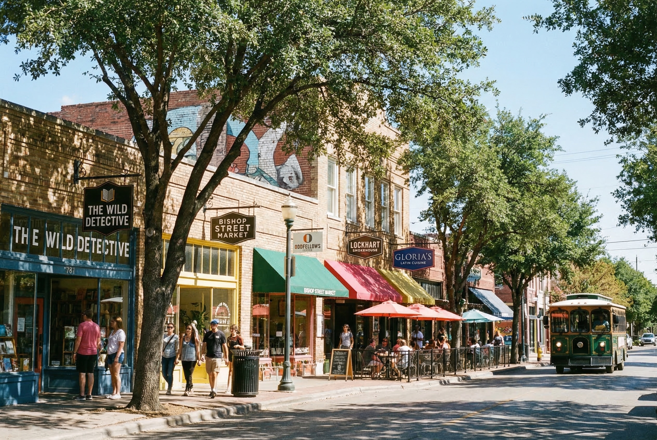 Busy street with shops and trolley.