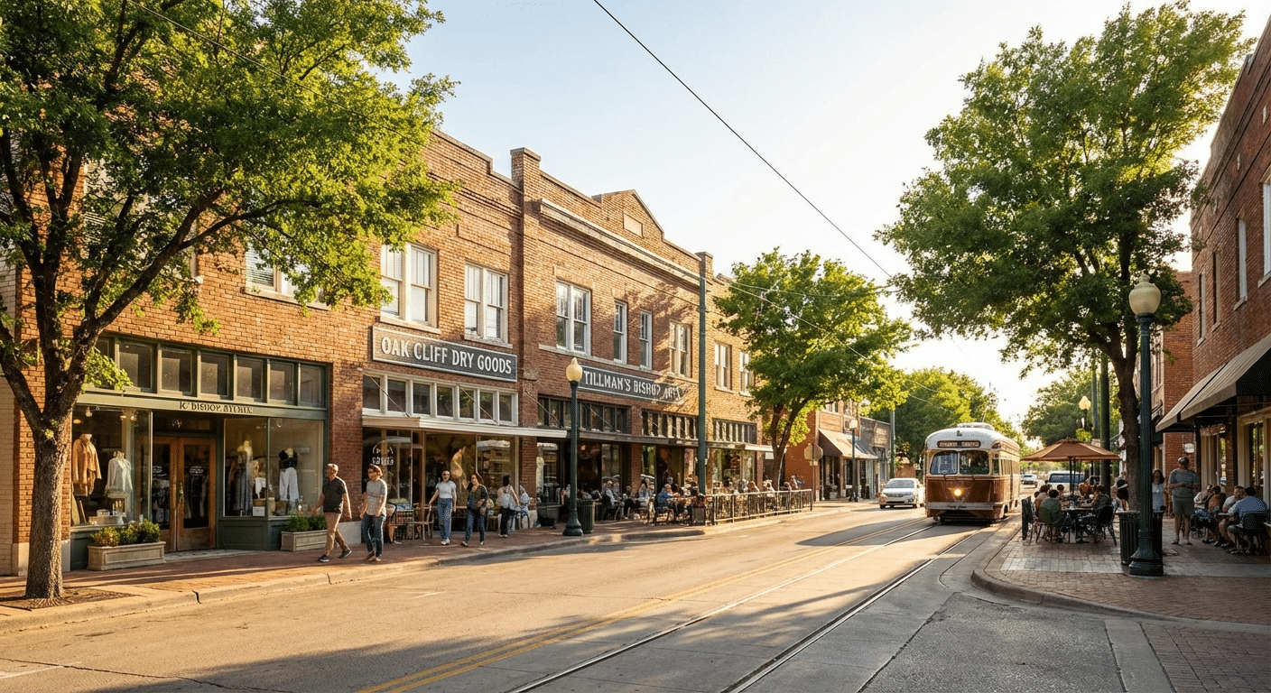 Beautiful photograph of the vibrant, walkable streets with boutiques and restaurants in Bishop Arts District, Dallas, Texas.
