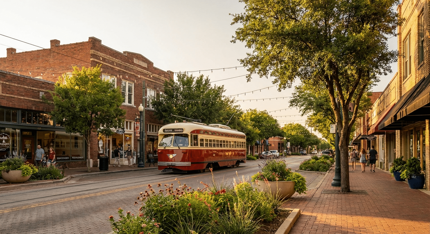 Scenic view of the historic trolley and architecture in Bishop Arts District, Dallas, Texas at golden hour.