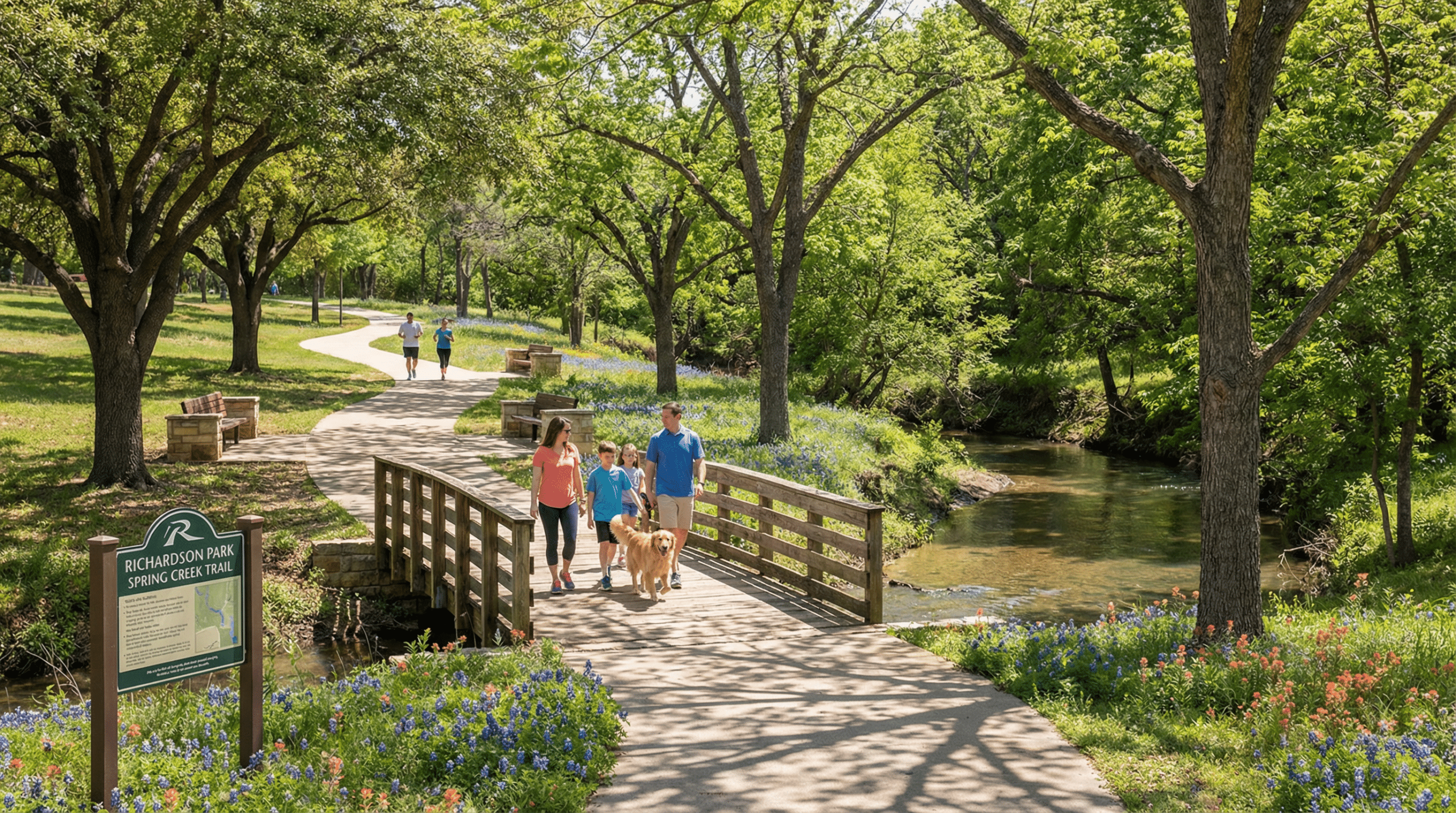 Family walking on Spring Creek Trail bridge