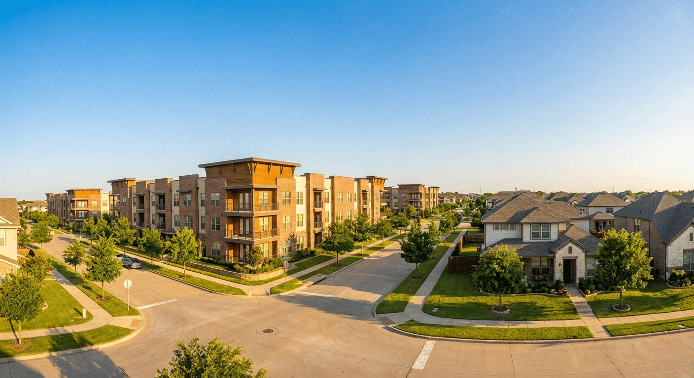 Beautiful photograph of a modern residential area with a mix of apartments and single-family homes in Carrollton, Texas.