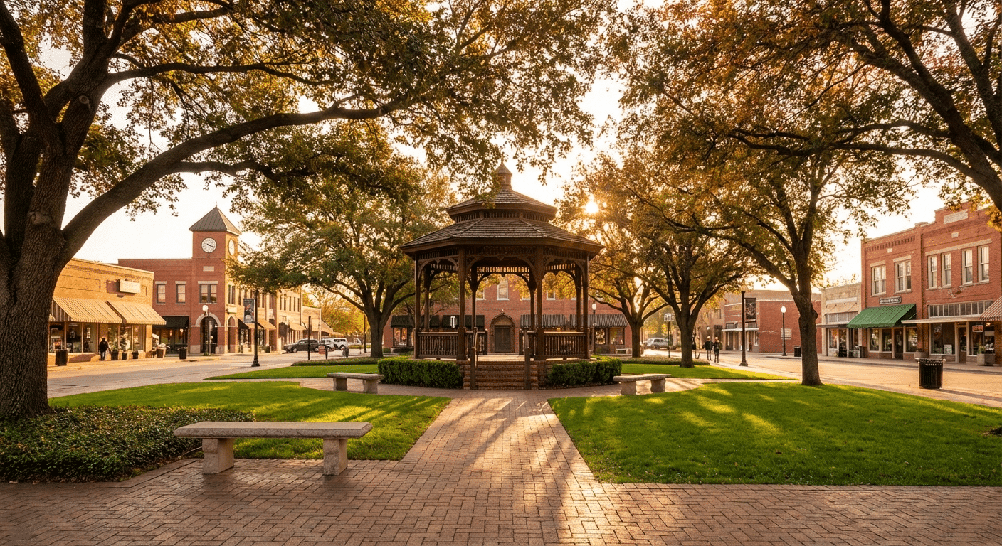 Scenic view of Historic Downtown Carrollton Square with the gazebo and historic buildings at golden hour.