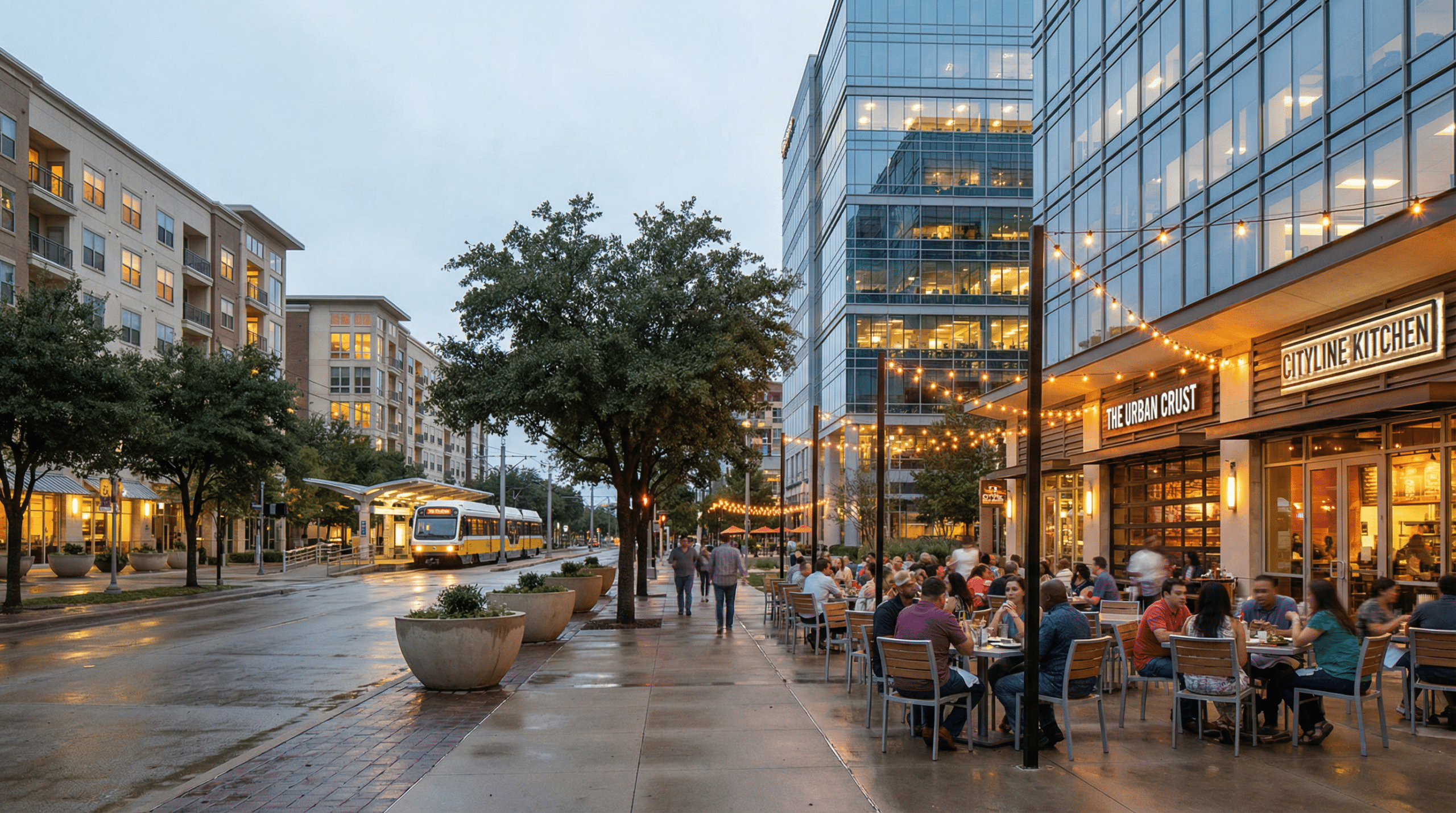 Busy outdoor restaurant on rainy city street