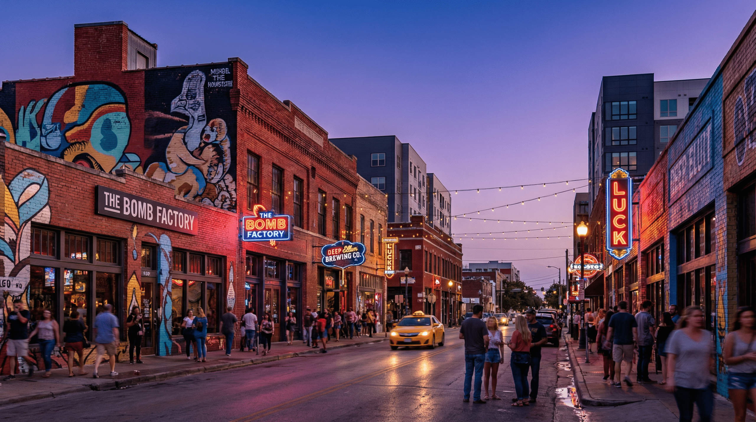 Bustling street with neon signs at dusk.