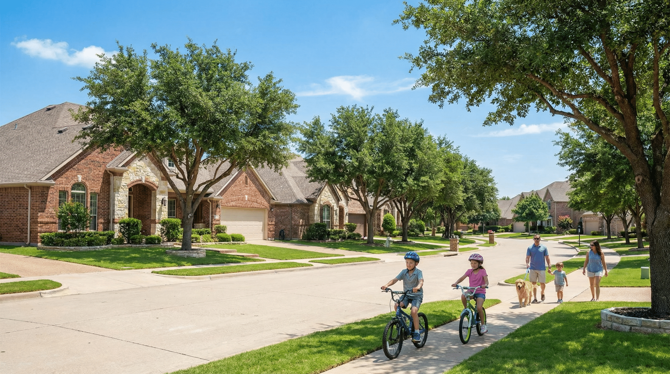 Family biking and walking in suburban neighborhood
