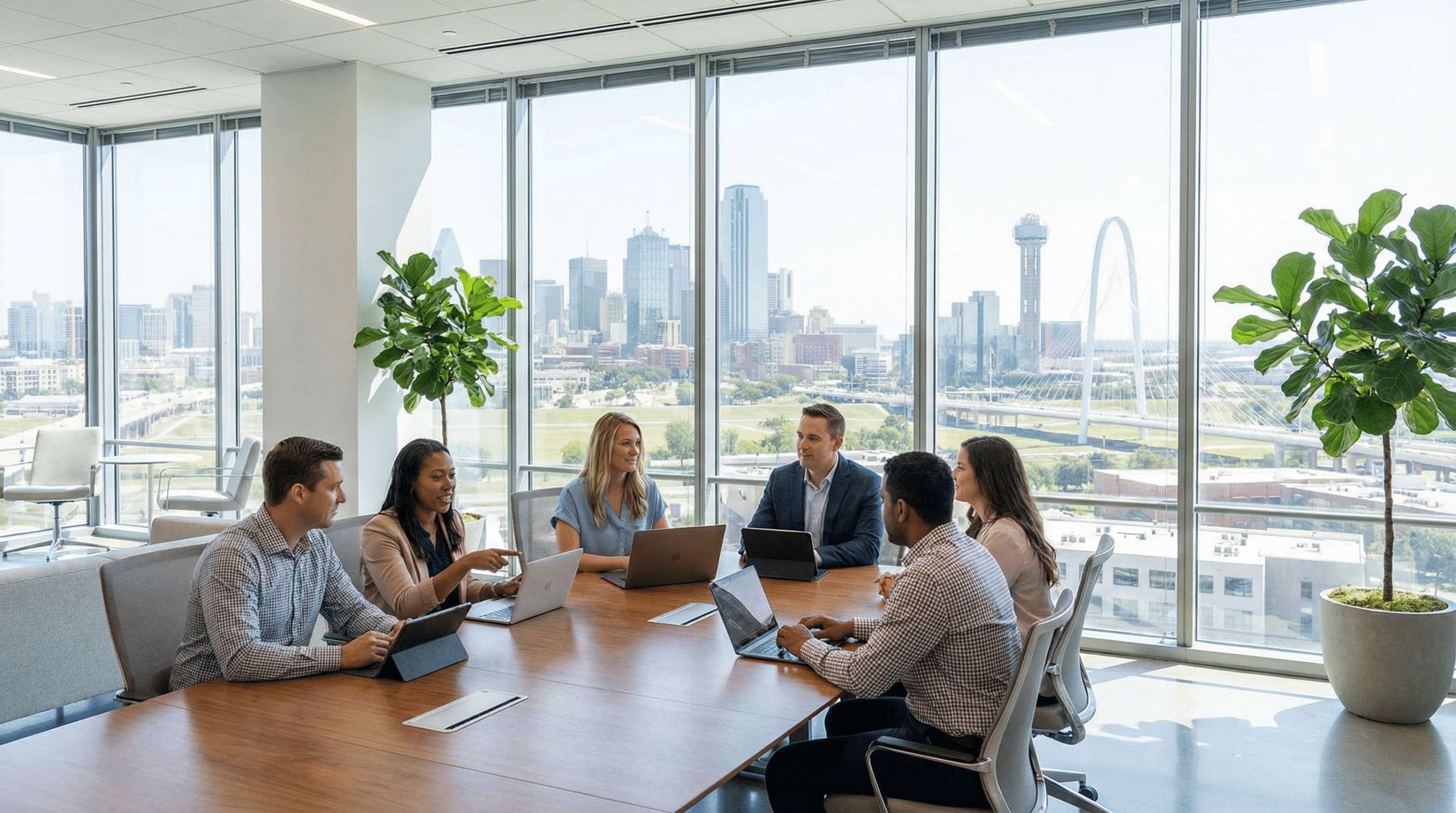 Colleagues meeting in modern office with city view
