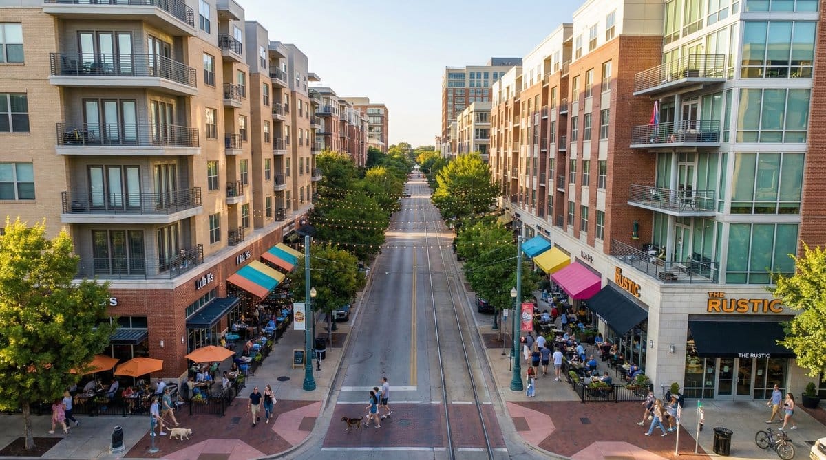 Vibrant urban street with shops and apartments.