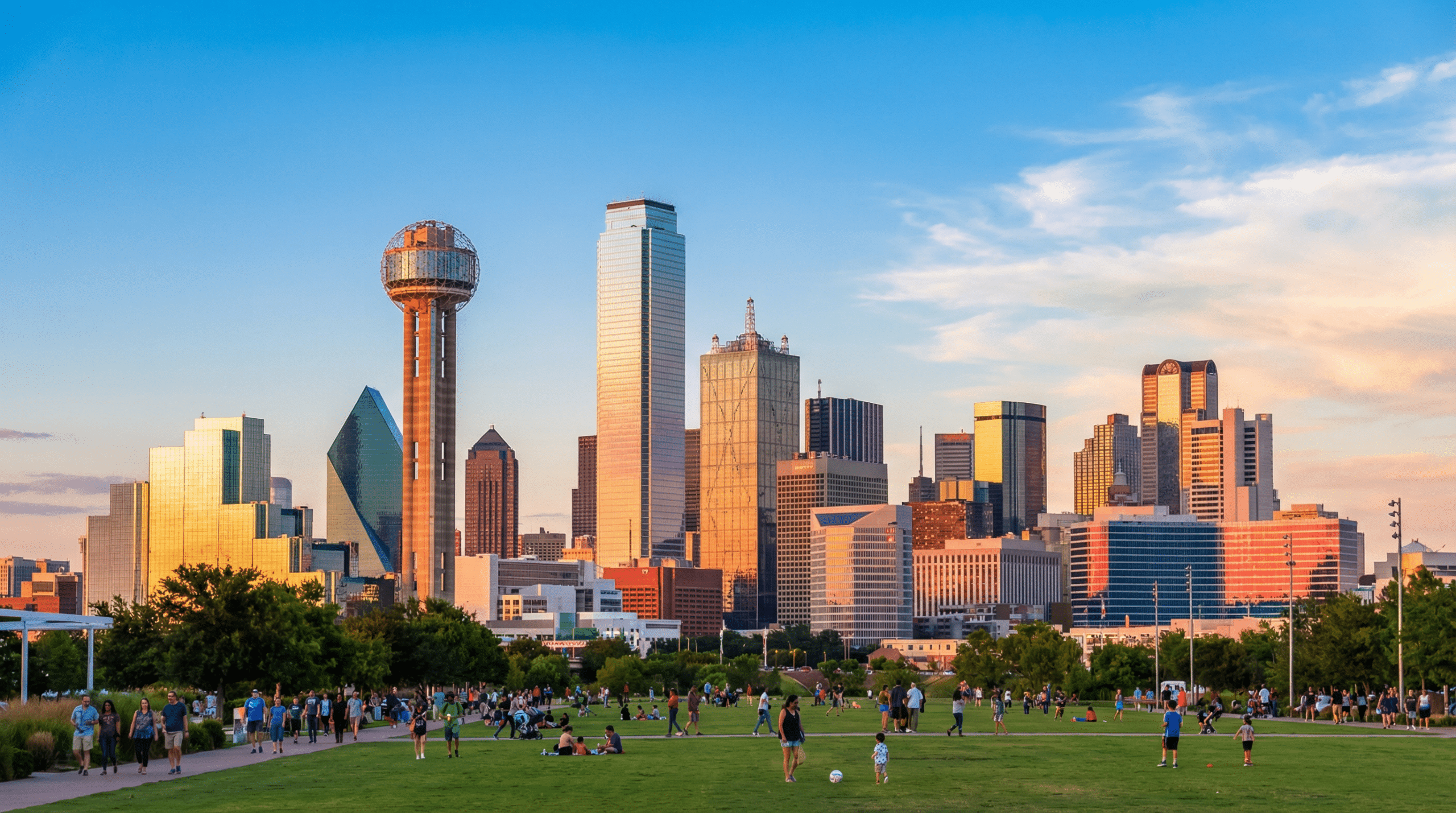 Dallas skyline with people in park