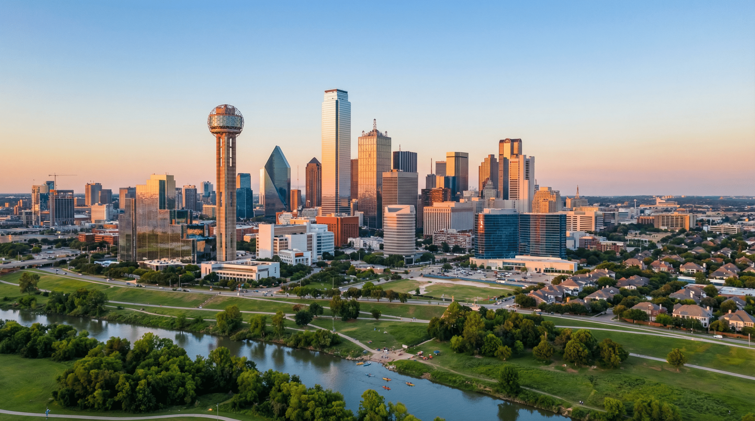 Dallas skyline at sunset with river