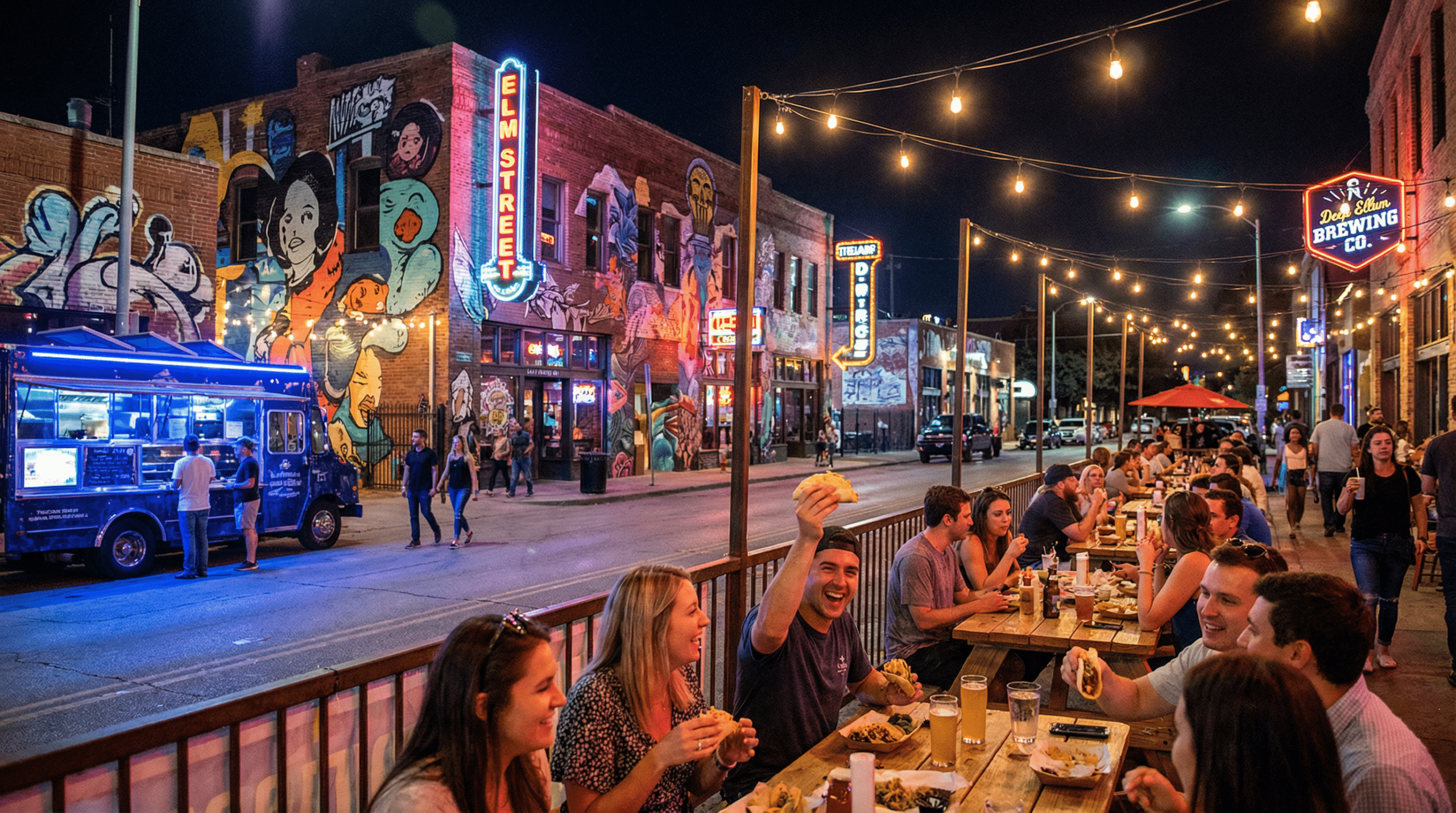 Vibrant street dining scene at night