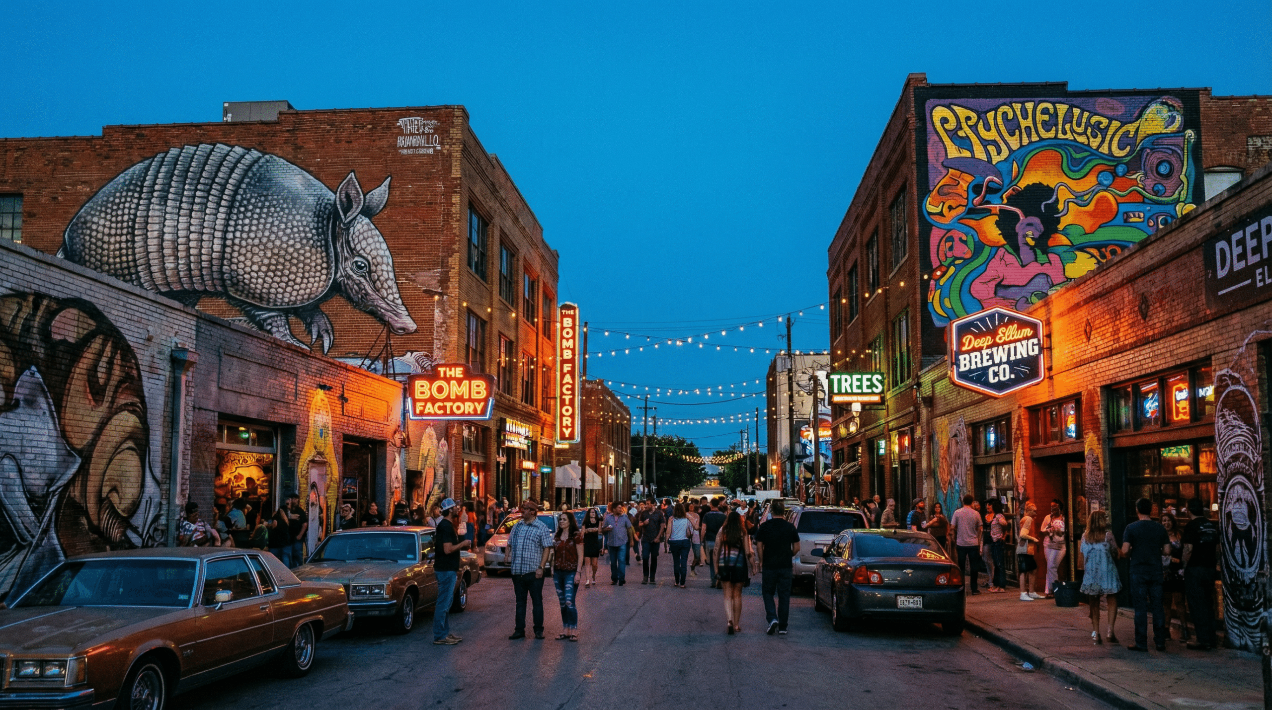 Vibrant street scene with murals and lights.