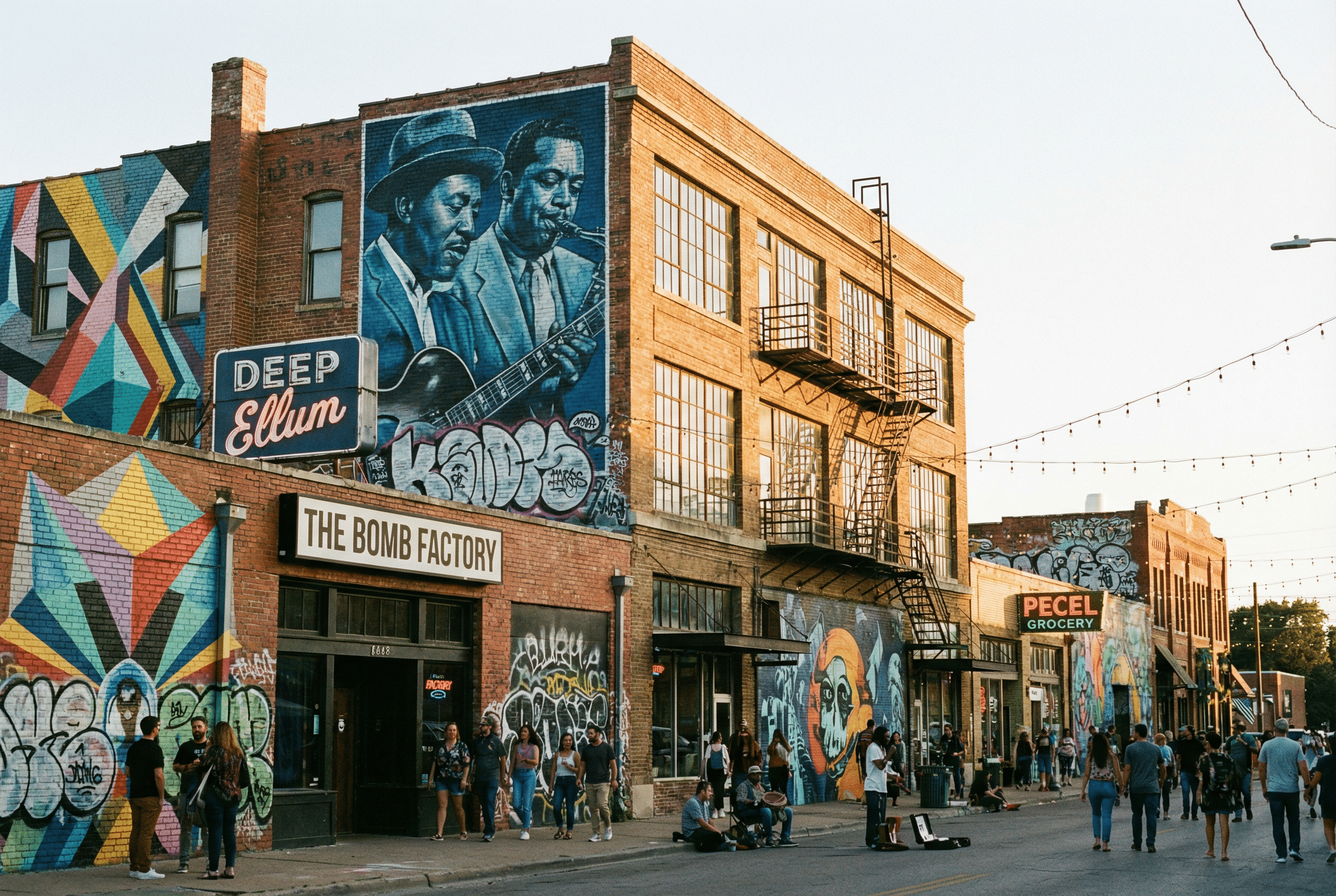 Colorful murals and people in Deep Ellum street.