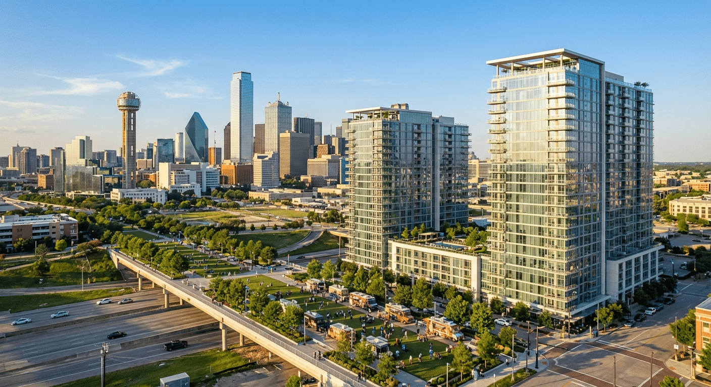 Beautiful photograph of the iconic Downtown Dallas skyline with modern high-rise apartments and Klyde Warren Park.