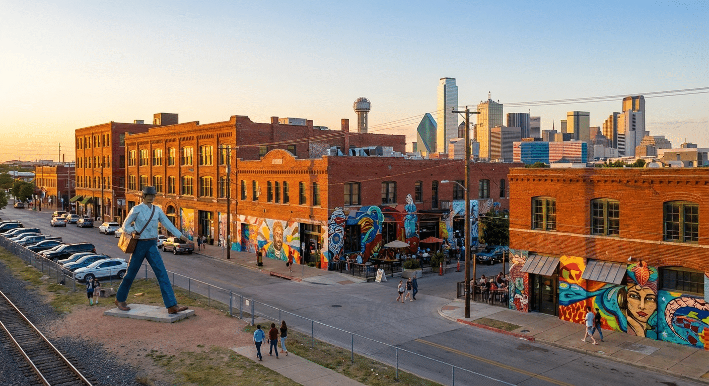 Scenic view of Deep Ellum in Dallas, Texas, showing historic brick buildings, vibrant murals, and the Traveling Man sculpture at golden hour.