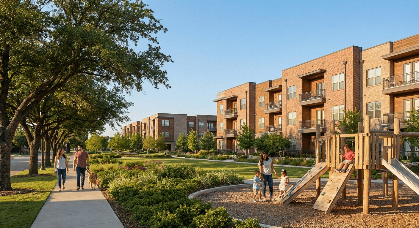 Beautiful photograph of a family-friendly neighborhood with well-maintained parks and modern apartments in Euless, Texas.