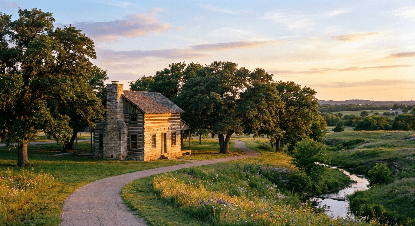 Scenic view of the historic Fuller House in Euless, Texas at golden hour.