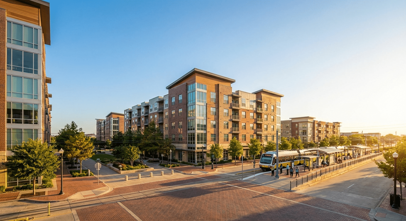 Beautiful photograph of the Station Area in Farmers Branch, Texas, with modern apartments and a DART light rail station.