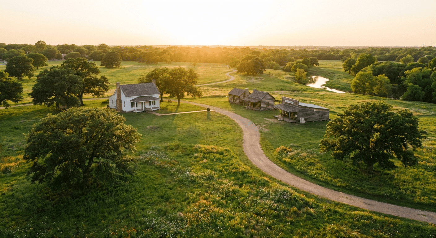 Scenic view of the historic Farmers Branch Historical Park in Farmers Branch, Texas at golden hour.