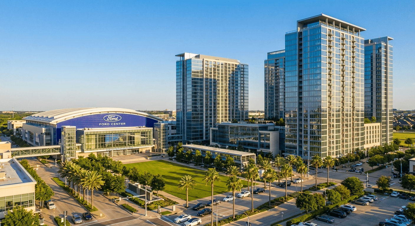 Beautiful photograph of The Star and modern high-rise apartments in Frisco, Texas.