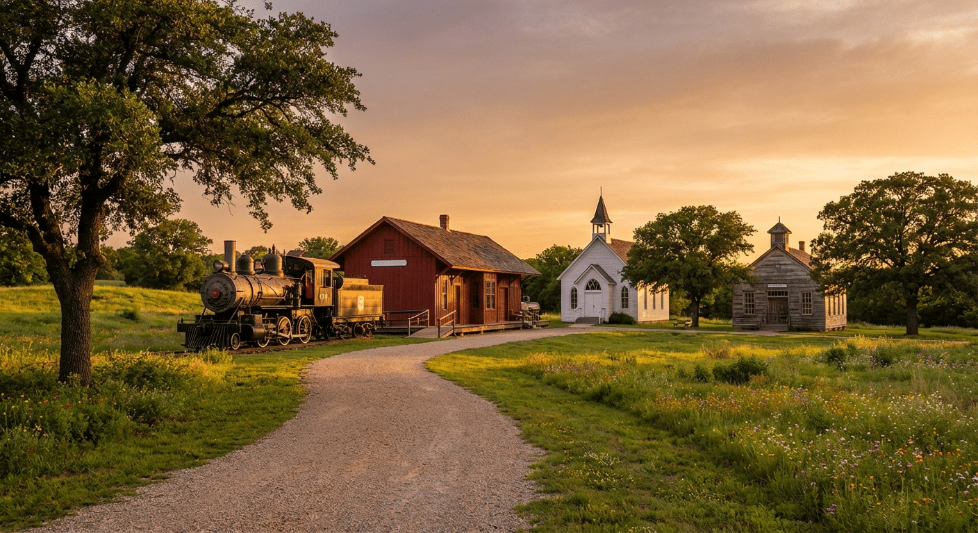 Scenic view of the historic Frisco Heritage Center with the old locomotive in Frisco, Texas at golden hour.