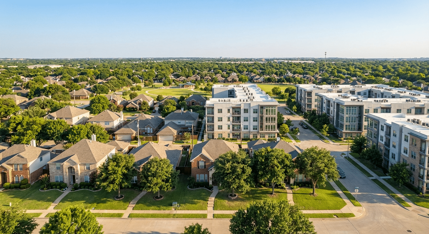 Beautiful photograph of a diverse residential neighborhood with a mix of single-family homes and modern apartment complexes in Garland, Texas.