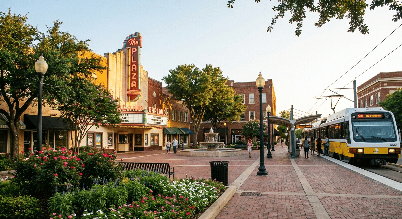 Scenic view of Historic Downtown Garland Square, showing the historic Plaza Theatre and the DART light rail station at golden hour.