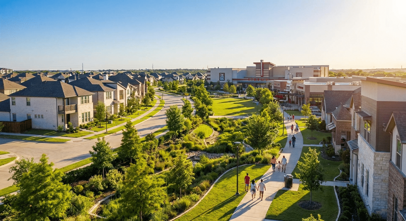 Beautiful photograph of a vibrant community with modern residential areas and entertainment venues in Grand Prairie, Texas.