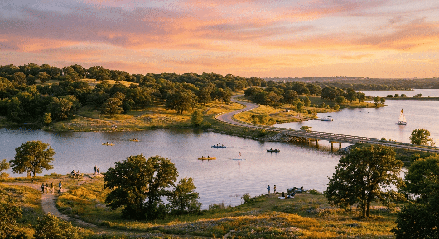 Scenic view of Joe Pool Lake with recreation activities and surrounding natural beauty in Grand Prairie, Texas at golden hour.