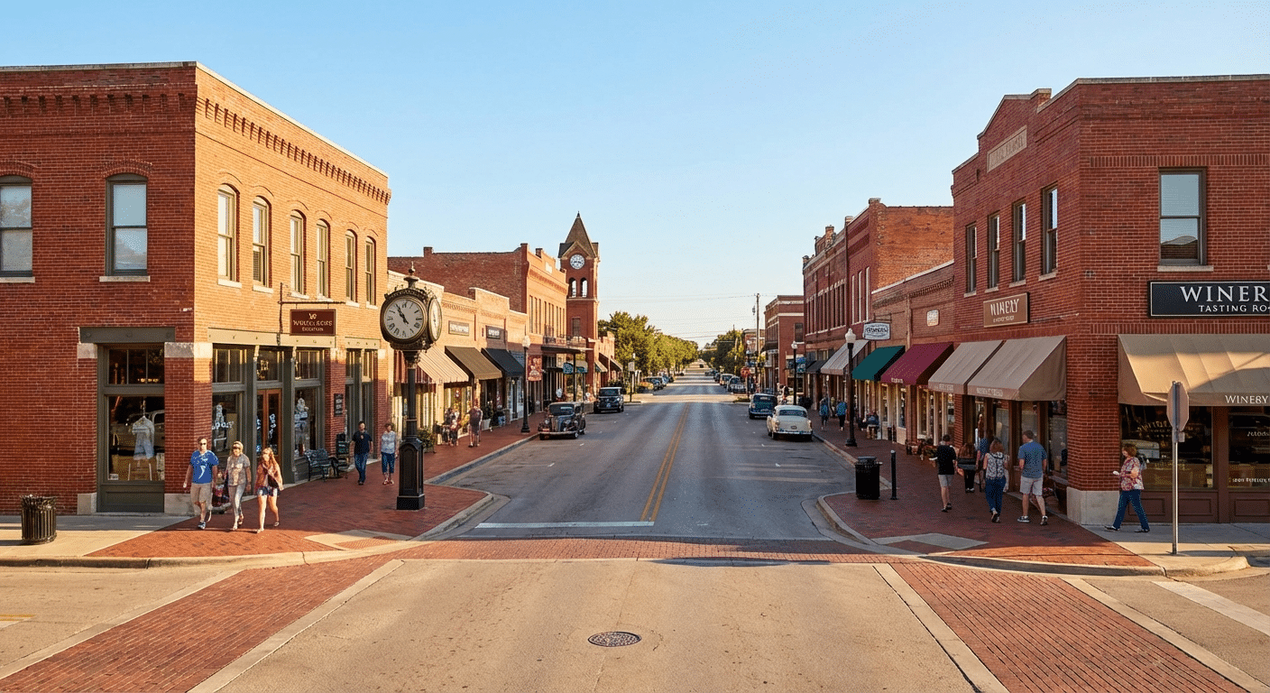 Beautiful photograph of the historic downtown with its charming Main Street and wineries in Grapevine, Texas.