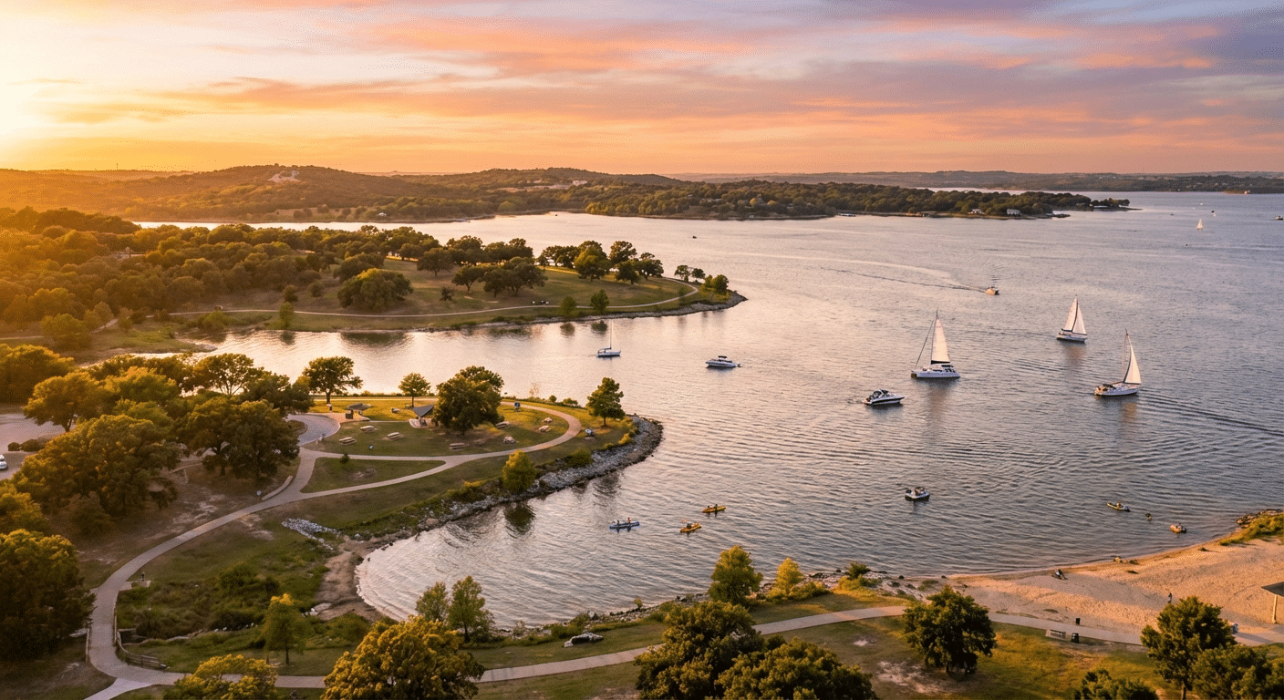 Scenic view of Lake Grapevine with boats and recreational areas in Grapevine, Texas at golden hour.