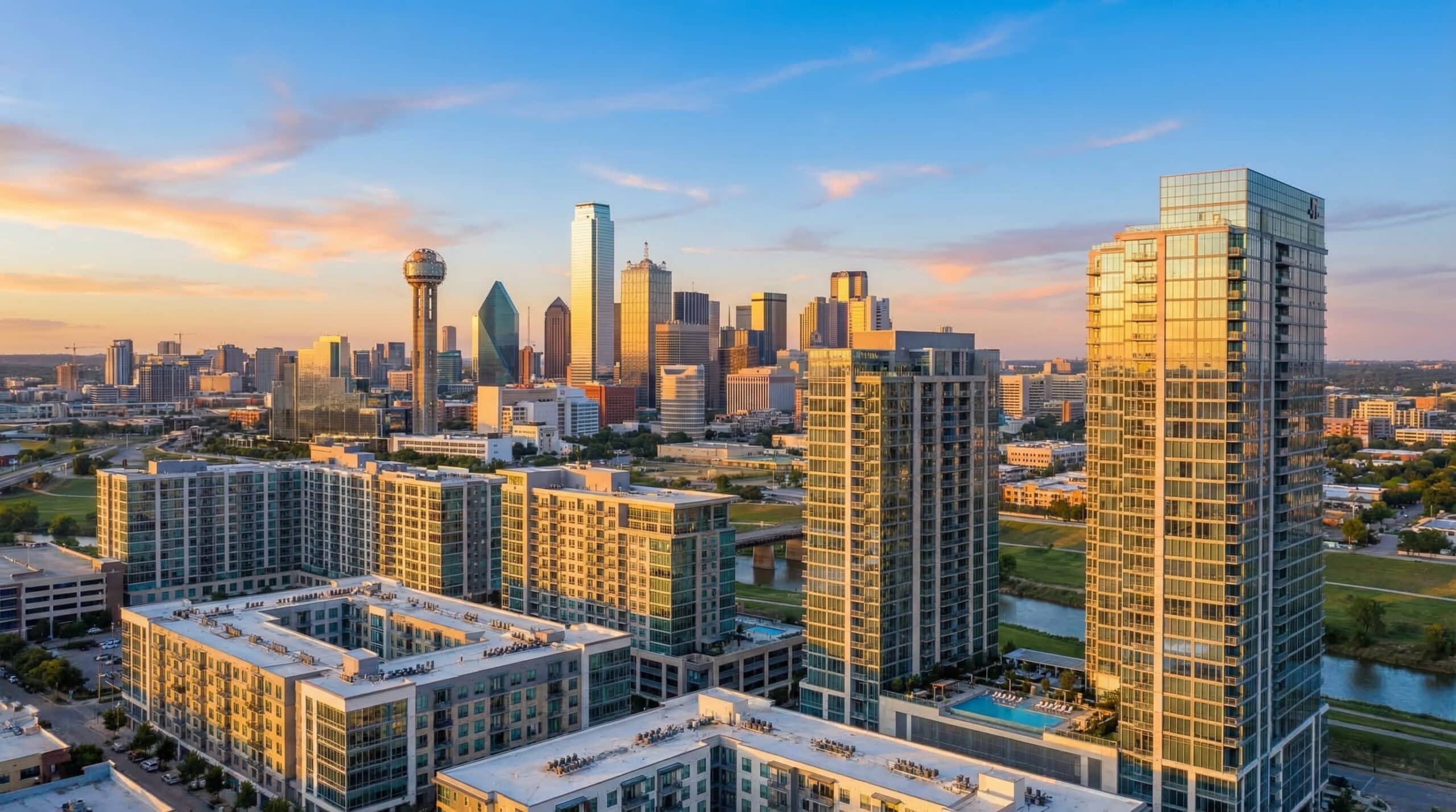 Dallas skyline at sunset with modern buildings