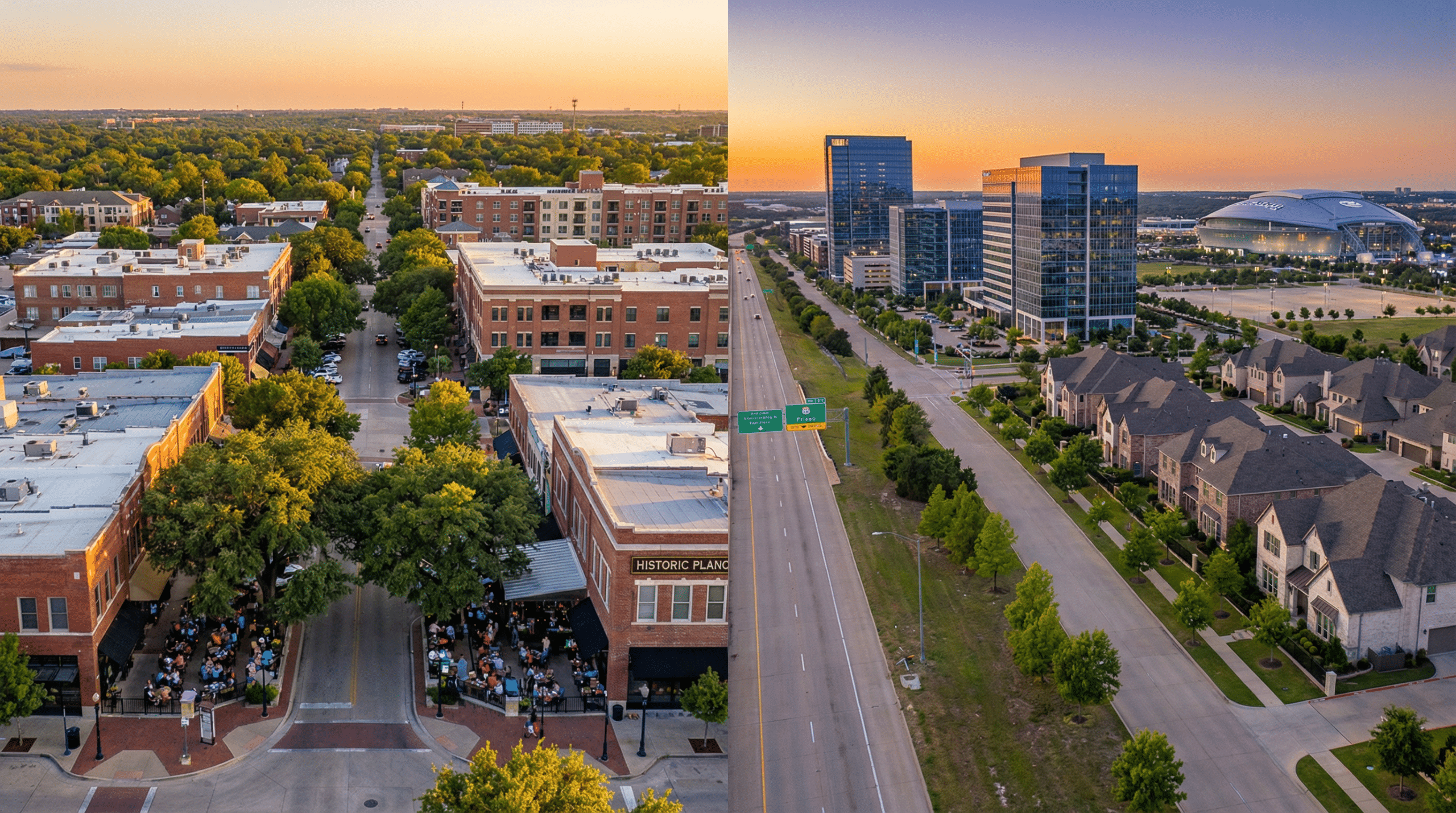 City split view: historic area and modern skyline