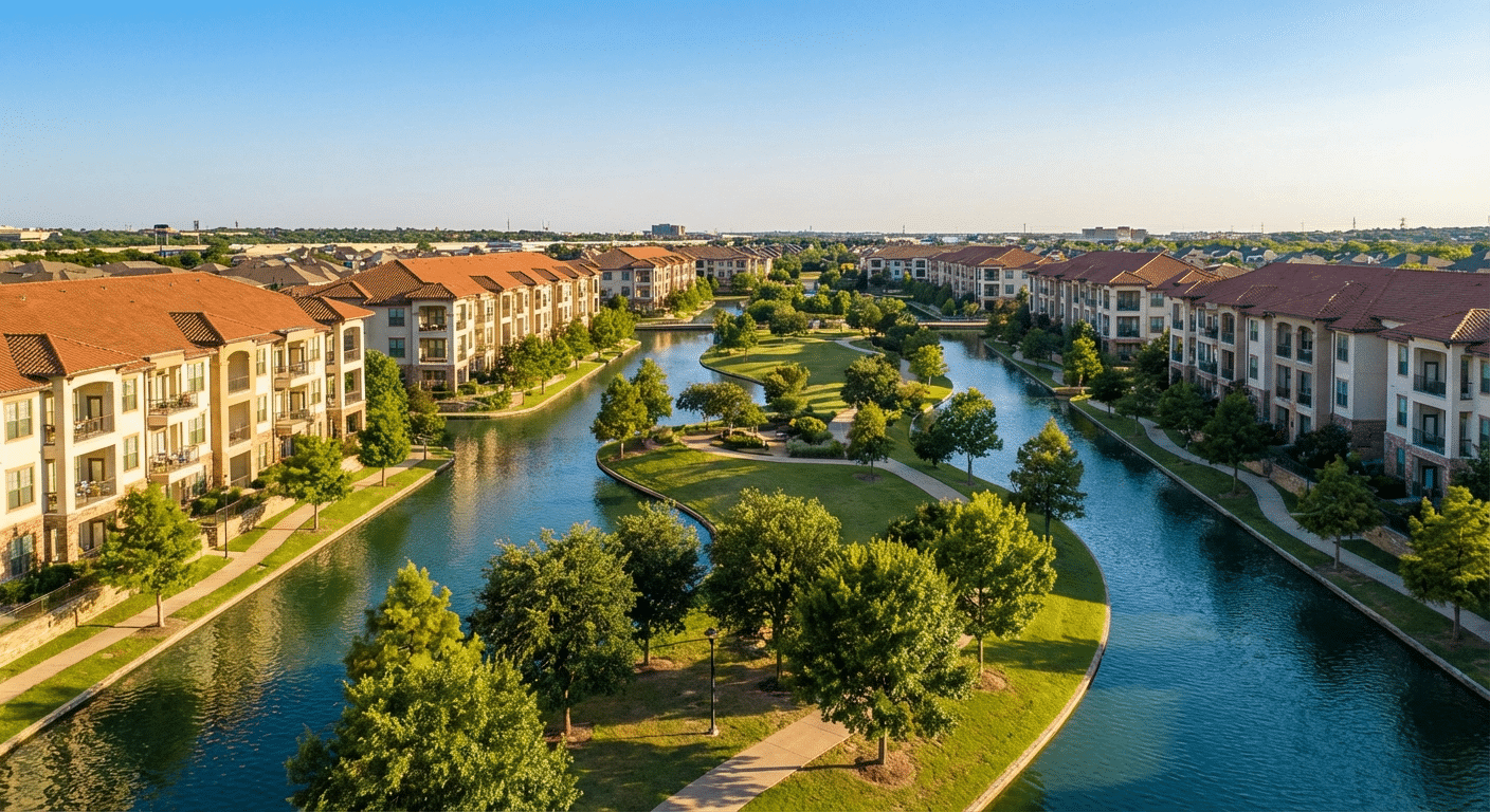 Beautiful photograph of the Valley Ranch area in Irving, Texas, with canals, modern apartments, and green spaces.