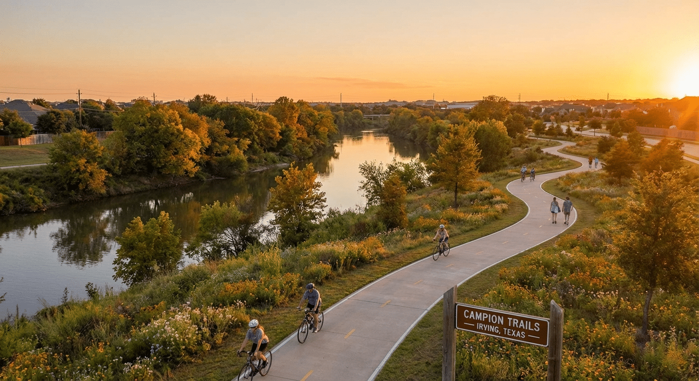Scenic view of the Campion Trails along the Trinity River in Irving, Texas at golden hour.