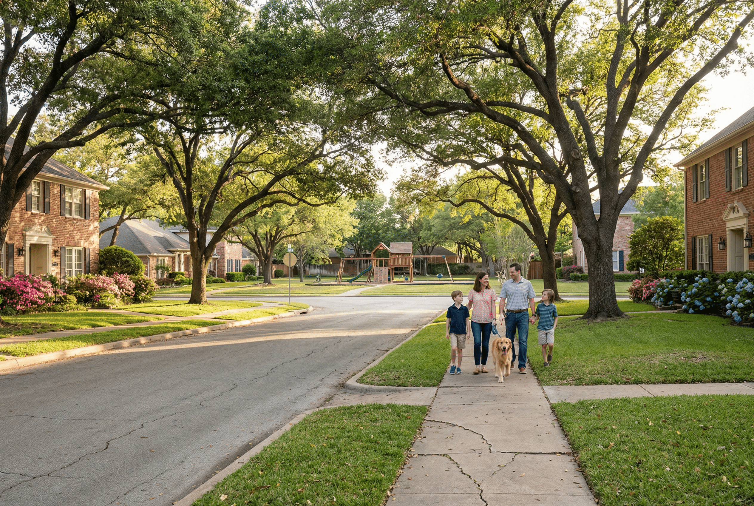 Family walking with dog in suburban neighborhood