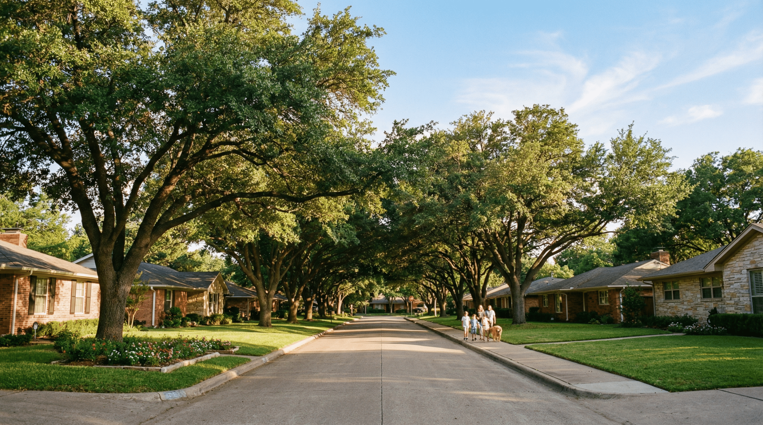 Suburban street with large trees and family walking.