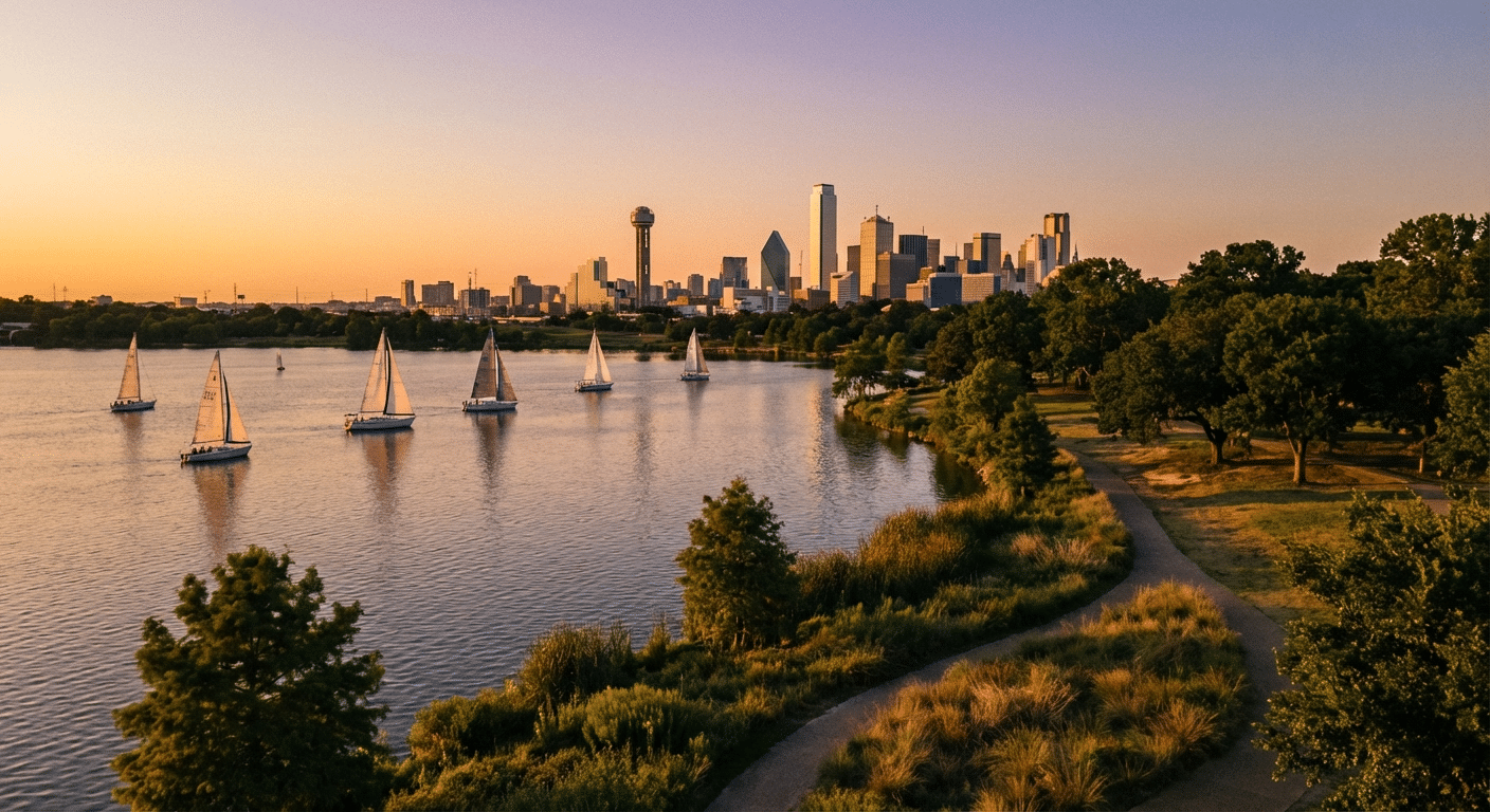 Scenic view of White Rock Lake in Dallas, Texas, showing sailboats and the Dallas skyline in the distance at golden hour.