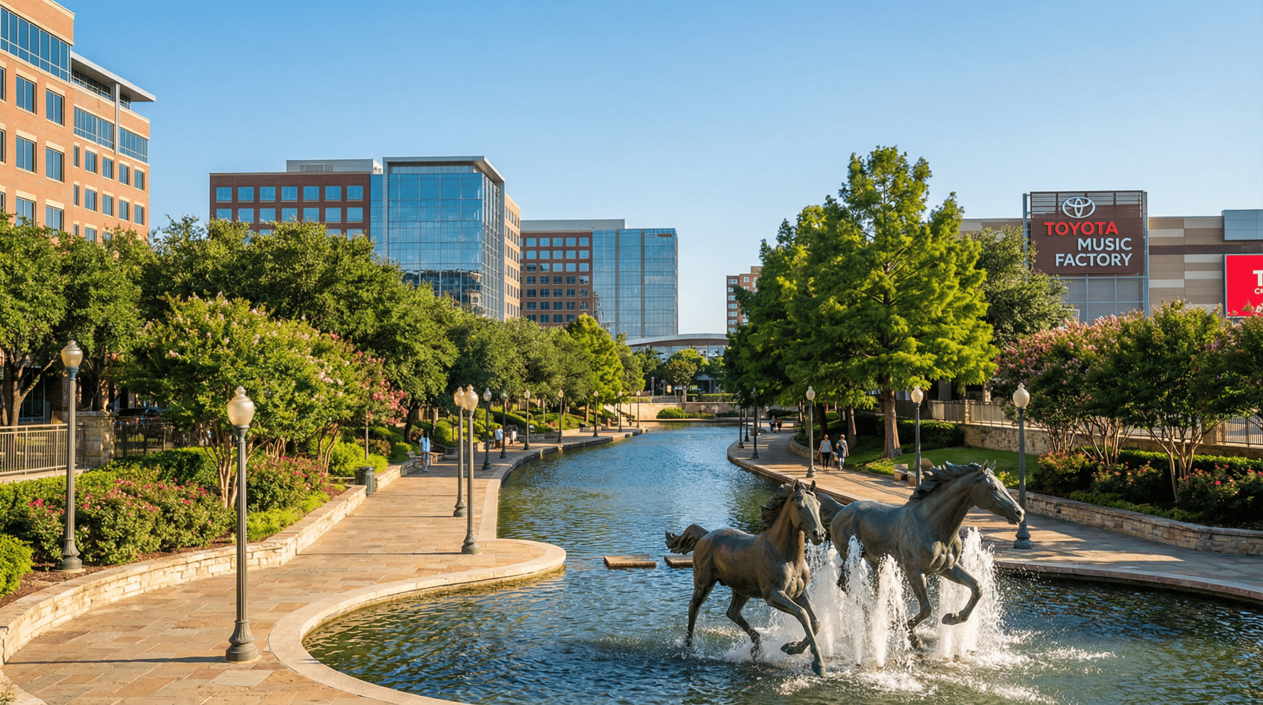 Canal with horse statues in urban setting