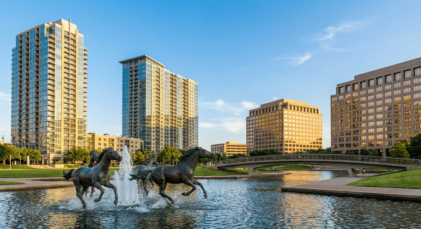 Beautiful photograph of the Las Colinas urban center in Irving, Texas, with its iconic Mustangs of Las Colinas sculpture and modern high-rise apartments.
