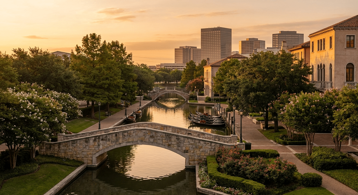 Scenic view of the Mandalay Canal Walk in Las Colinas, Irving, Texas at golden hour.