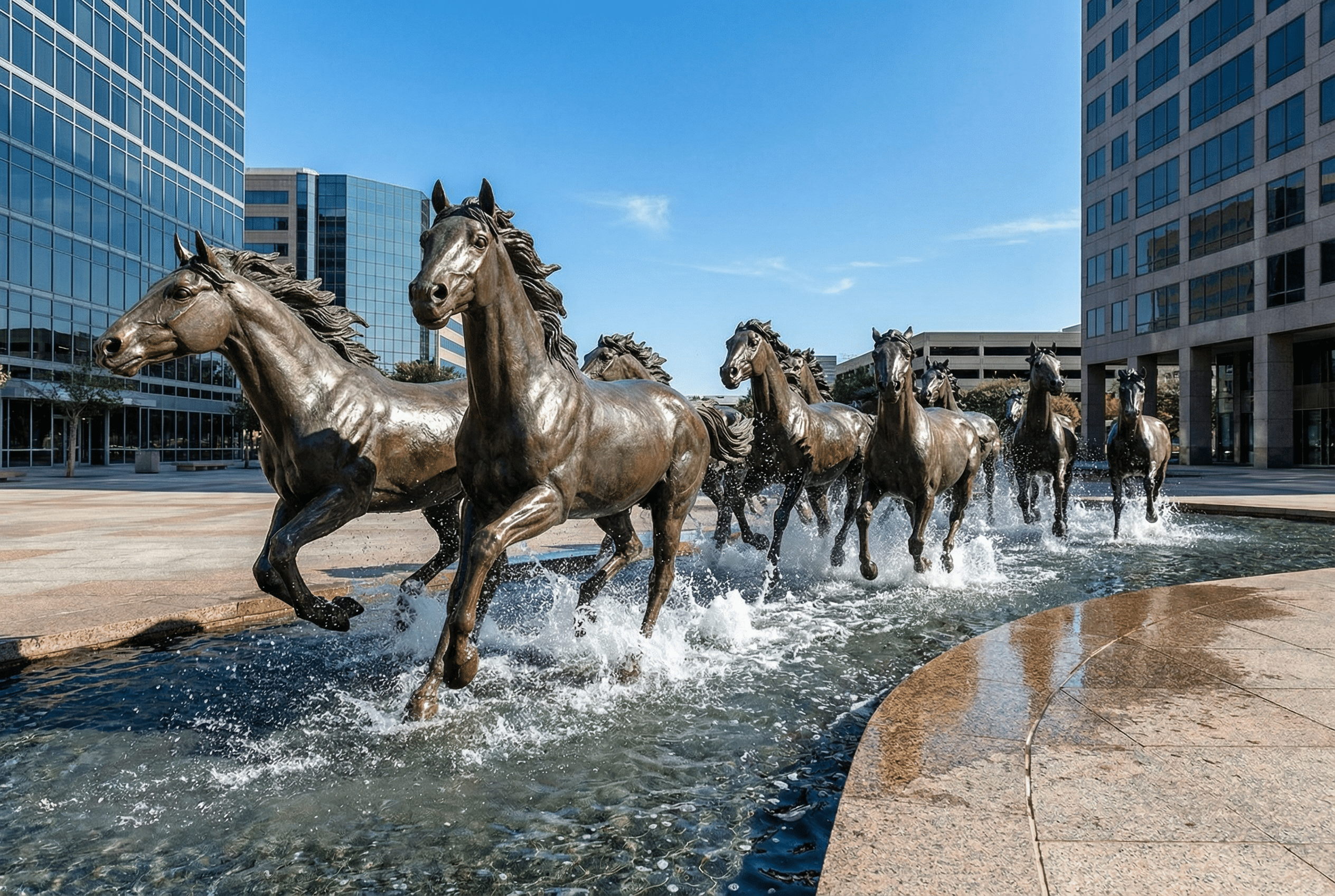 Bronze horse sculptures in urban plaza